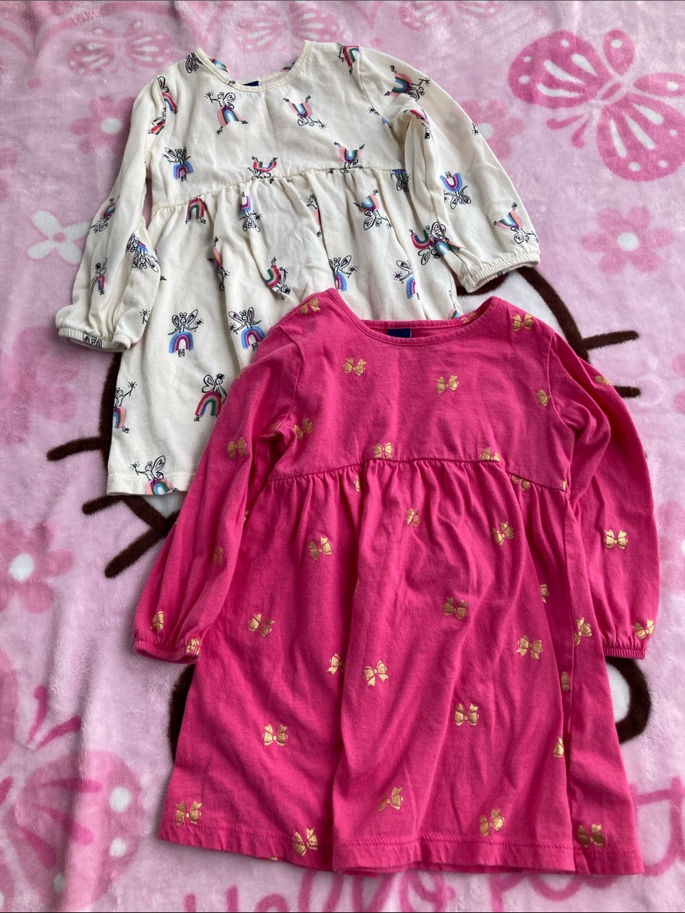 100% Cotton Girls' Long-Sleeve Dresses — Pink and Cream with Gold Accents